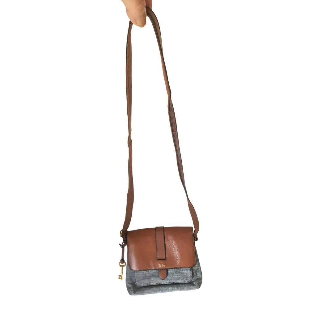 Fossil Kinley Crossbody Mixed Media Bag Purse Blue Cloth Brown Leather Blend